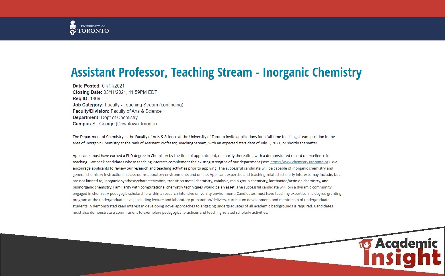 Assistant Professorship of Teaching Stream in Inorganic Chemistry at University of Toronto