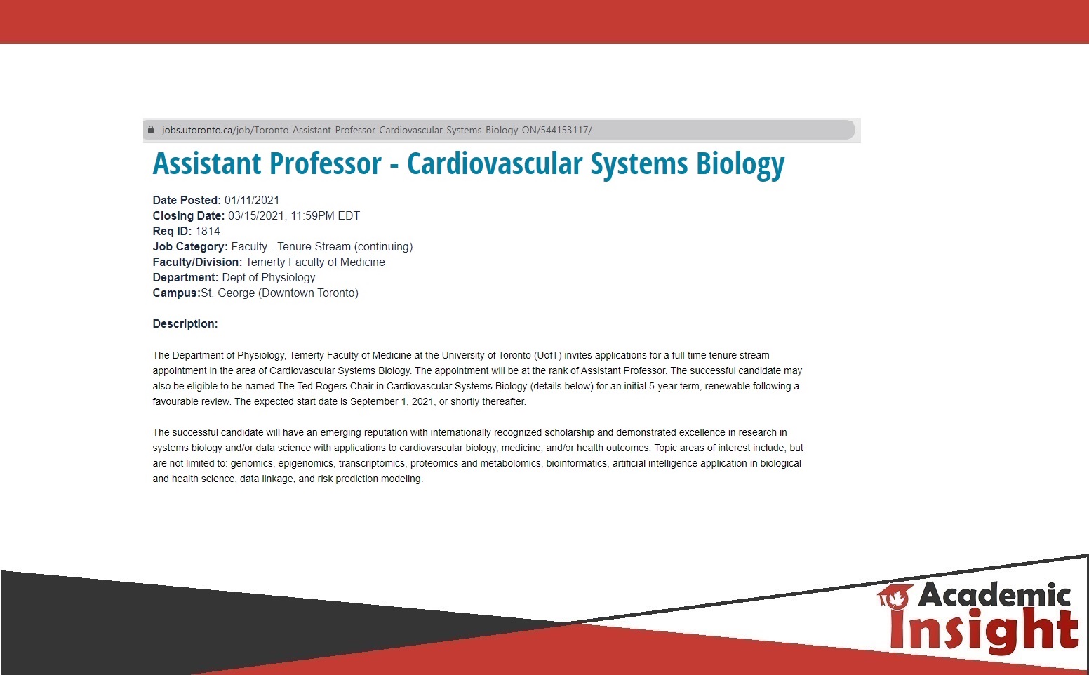 Assistant Professor in Cardiovascular Systems Biology at The University of Toronto