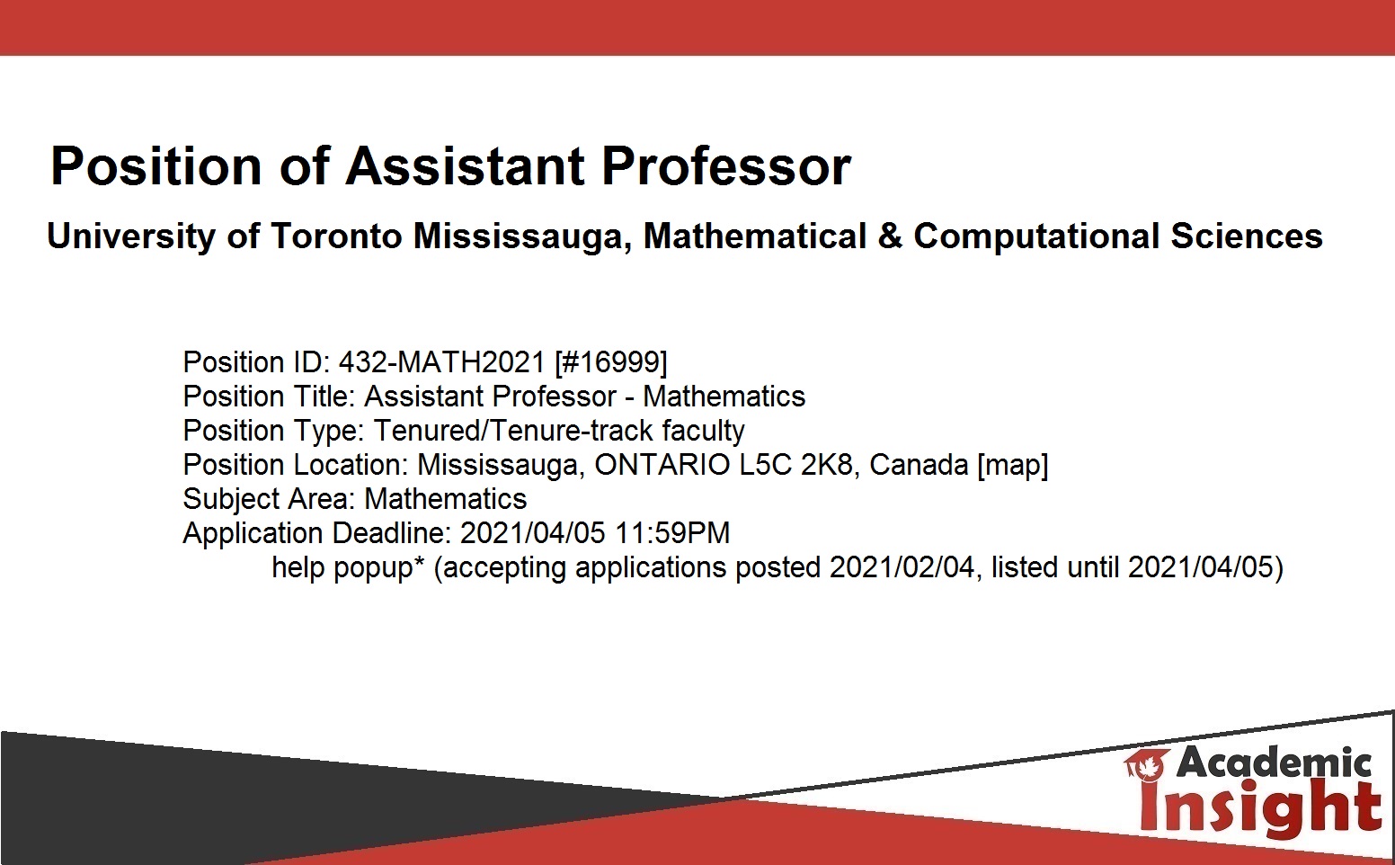 Position of Assistant Professor in Mathematics at University of Toronto Mississauga (UTM)